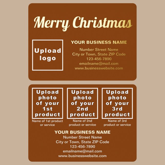 Brown Business Brand on Christmas Rectangle (Brown business brand with products or services on Christmas rectangle foil holiday card.)