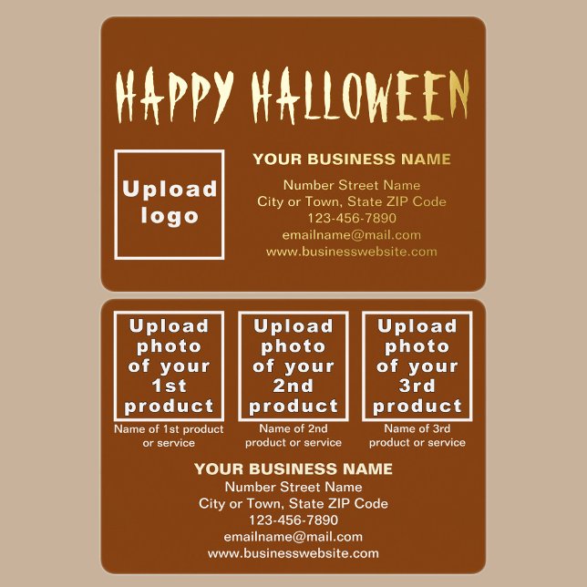 Brown Business Brand on Halloween Rectangle (Brown business brand with products or services on Halloween rectangle foil holiday card.)