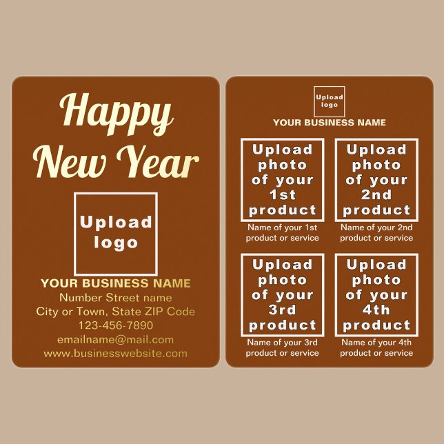 Brown Business Brand on New Year Foil Holiday Card (Brown business brand with products or services on New Year foil holiday card.)