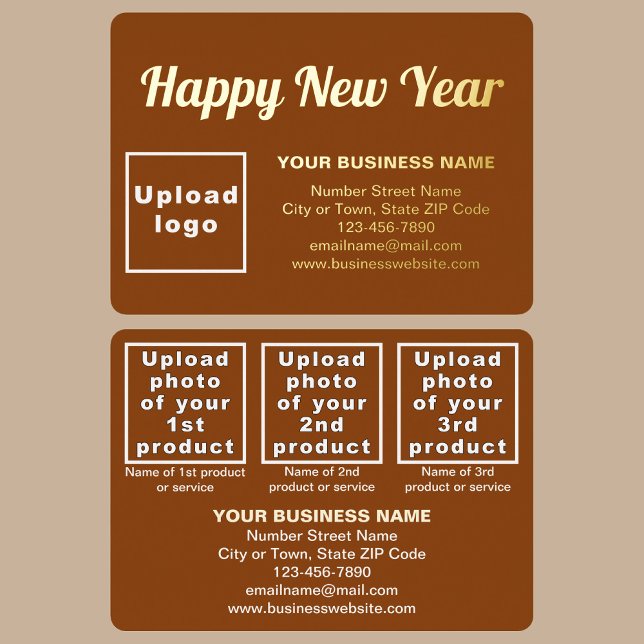 Brown Business Brand on New Year Rectangle (Brown business brand with products or services on New Year rectangle foil holiday card.)