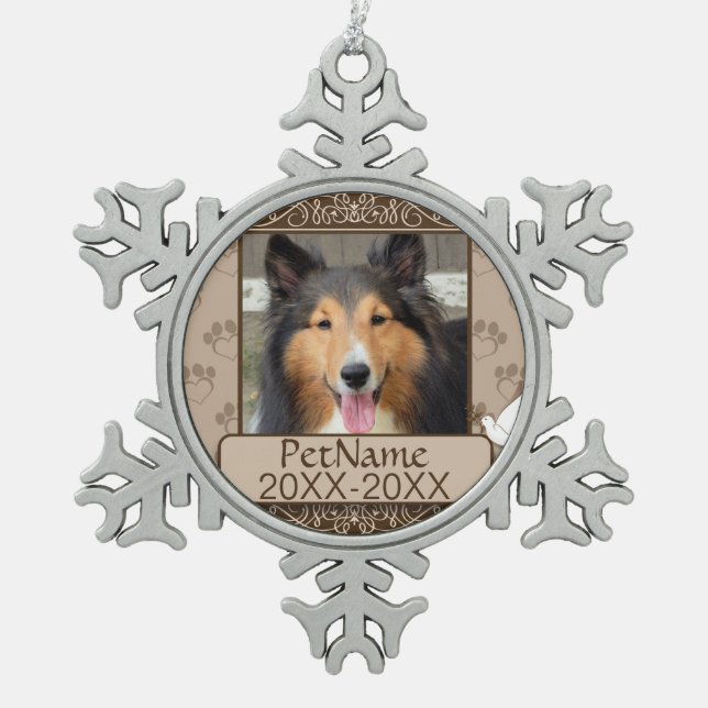 Brown Calligraph Swirls Custom Pet Sympathy Snowflake Pewter Christmas Ornament (Front)