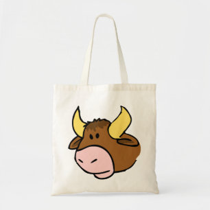Brown cartoon bull face tote bag