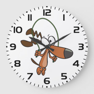 Brown Cartoon Dog Skipping Jump Rope Large Clock
