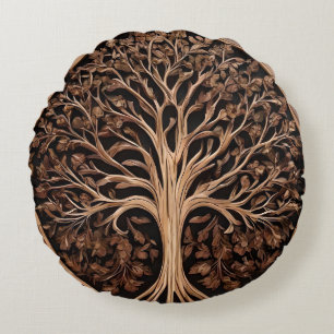 Brown Carved Australian Waratah Tree Print, Round Cushion