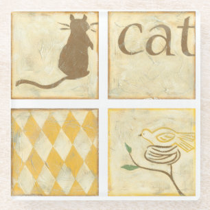 Brown Cat and  Yellow Bird by Chariklia Zarris Glass Coaster