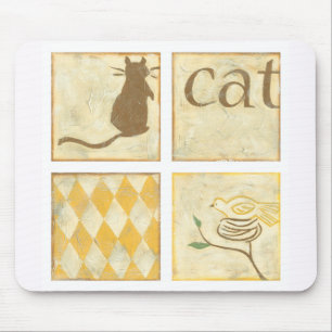Brown Cat and Yellow Bird by Chariklia Zarris Mouse Pad