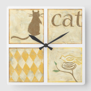 Brown Cat and  Yellow Bird by Chariklia Zarris Square Wall Clock