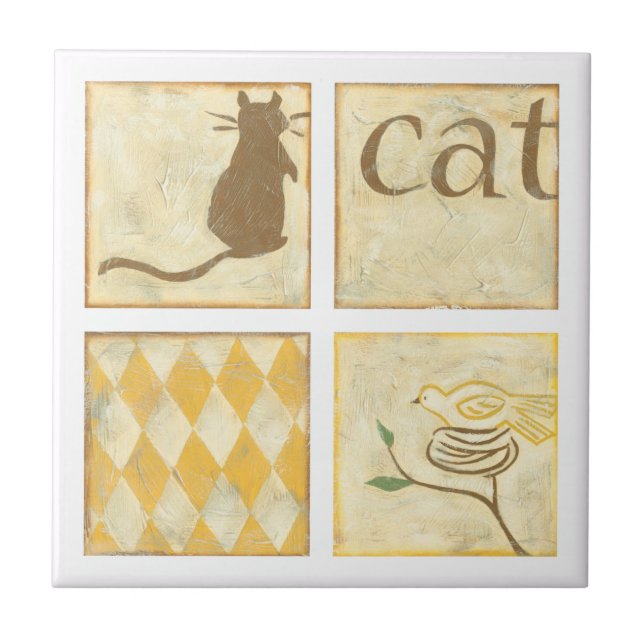 Brown Cat and  Yellow Bird by Chariklia Zarris Tile (Front)