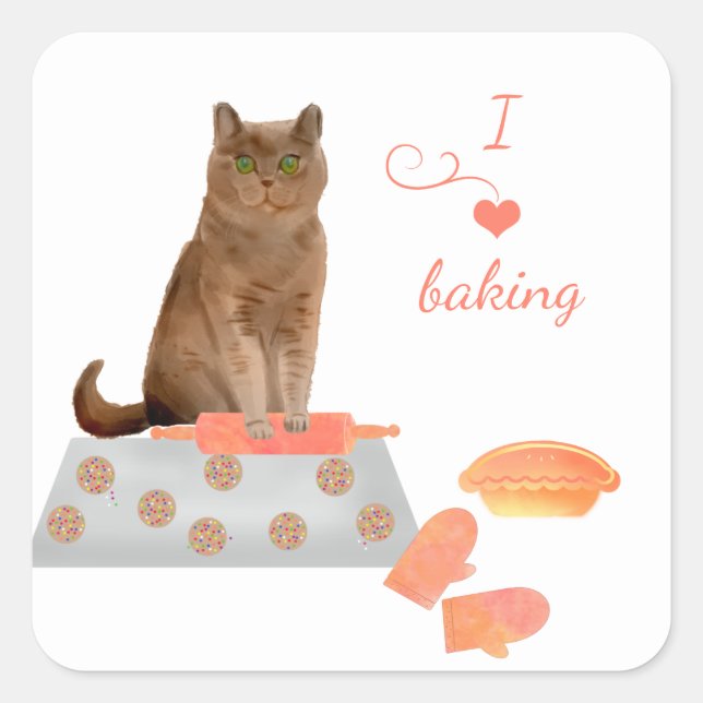 Brown Cat Baking Cookies and a Pie Square Sticker (Front)