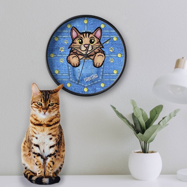 Brown Cat in Faux Denim Pocket with Custom Name Clock (Creator Uploaded)