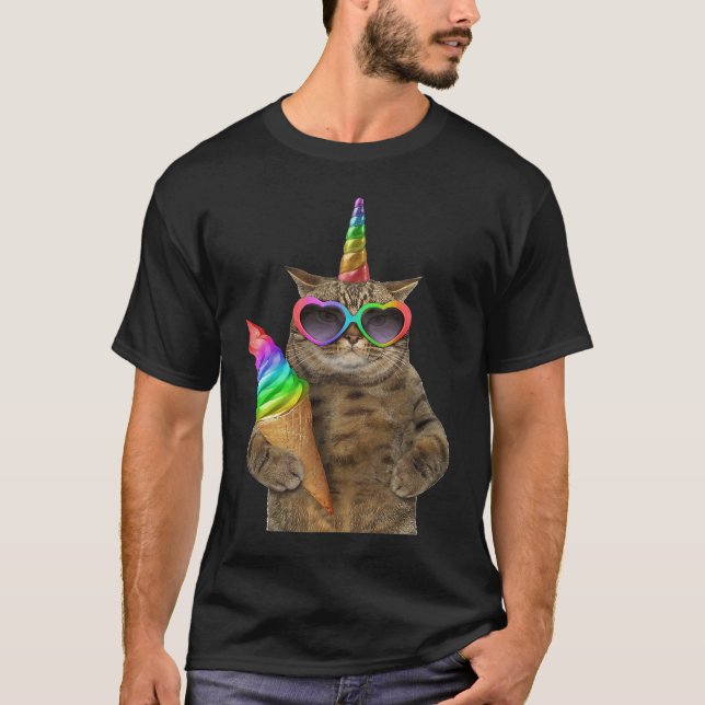 brown cat wears glasses with unicorn and ice cream T-Shirt (Front)