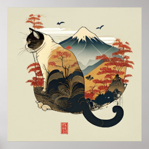 Brown Cat with Mount Fuji Poster