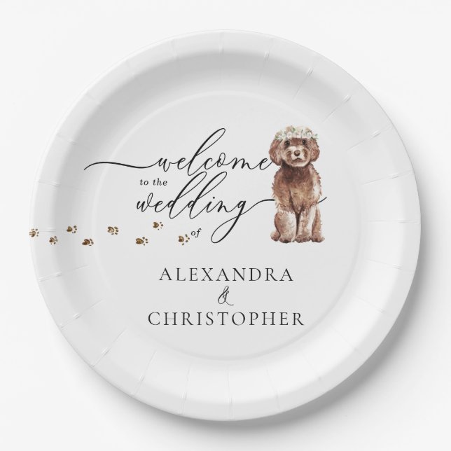 Brown Cavapoo Dog Welcome to wedding set Paper Plate (Front)