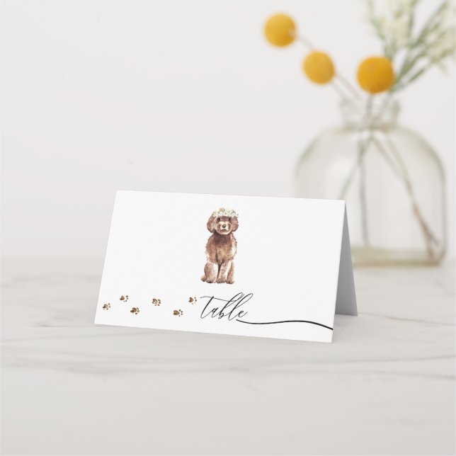Brown Cavapoo puppy Dog Owner Wedding Script Table Place Card (Front)