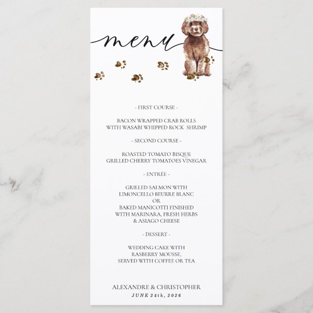 Brown Cavapoo puppy Dog Wedding Party Menu (Front)