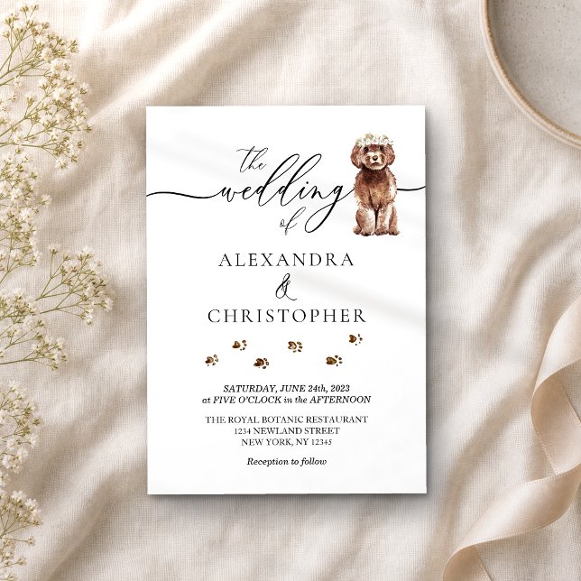 Brown Cavapoo puppy Wedding Calligraphy Invitation (Creator Uploaded)