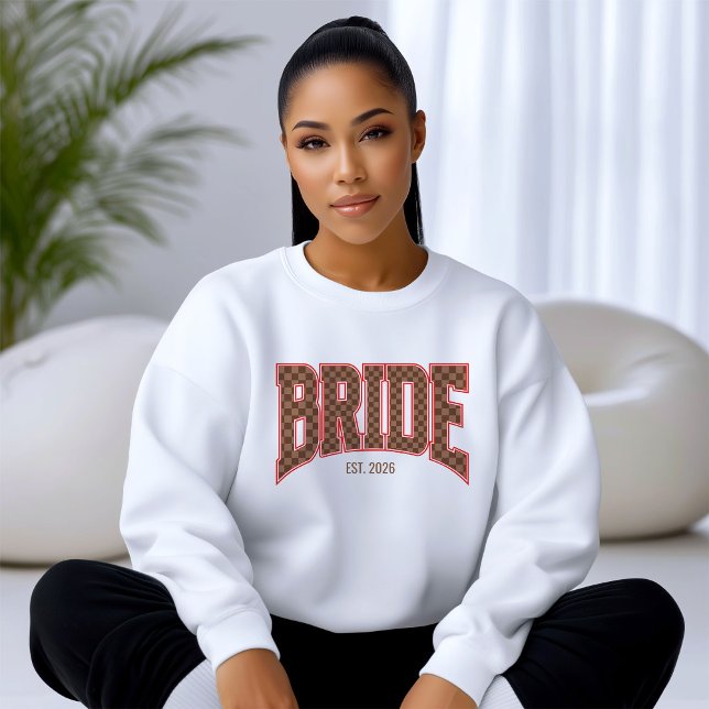 Brown Checkered Luxury Varsity BRIDE Sweatshirt (Personalize with names, dates, locations or events.
)