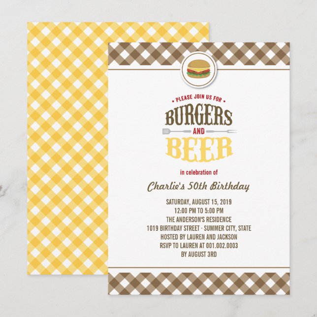 Brown Checks Burgers & Beer Summer Birthday Party Invitation (Front/Back)