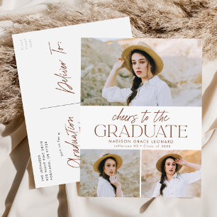 Brown Cheers to the Grad 3 Photo Graduation Party Invitation Postcard
