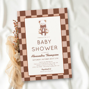 Brown Chequerboard Teddy Bear Fall Baby Shower Invitation