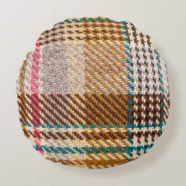 Brown chequered fabric, Scottish wool. Round Cushion (Front)