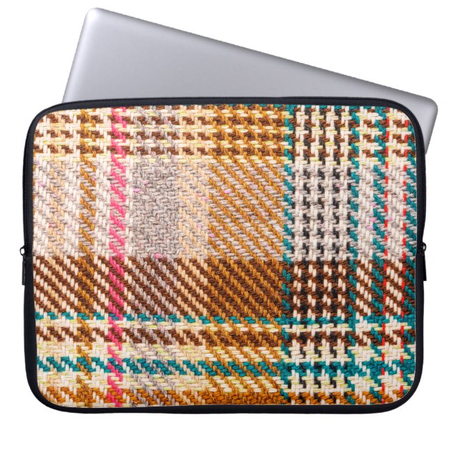 Brown chequered fabric with coloured threads. Scot Laptop Sleeve (Front)