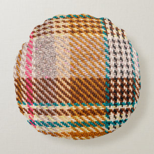 Brown chequered fabric with coloured threads. Scot Round Cushion