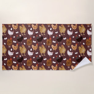 Brown Chicken and the Eggs Pattern Beach Towel