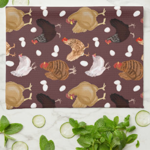 Brown Chicken and the Eggs Pattern Tea Towel