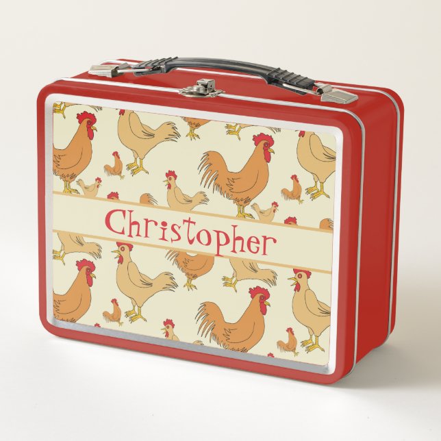 Brown Chicken Design Personalise Metal Lunch Box (Front)