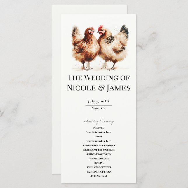 Brown Chickens Watercolor Country Wedding Program Menu (Front/Back)