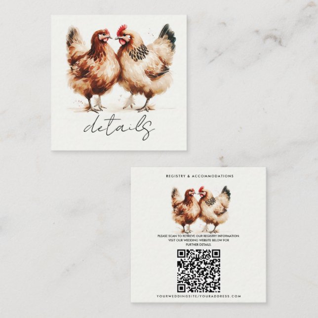 Brown Chickens Watercolor Wedding Details Square Business Card (Front/Back)