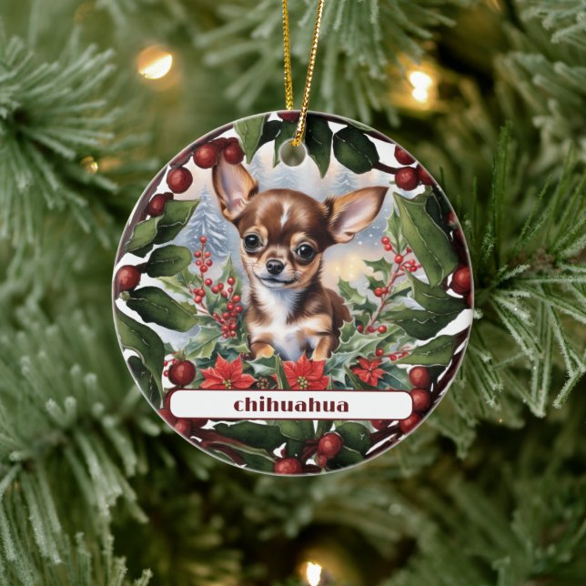 Brown Chihuahua Puppy Holiday Custom Christmas  Ceramic Tree Decoration (Tree)