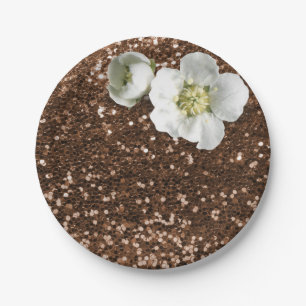 Brown Chocolate Floral White Jasmine Glitter Paper Plate
