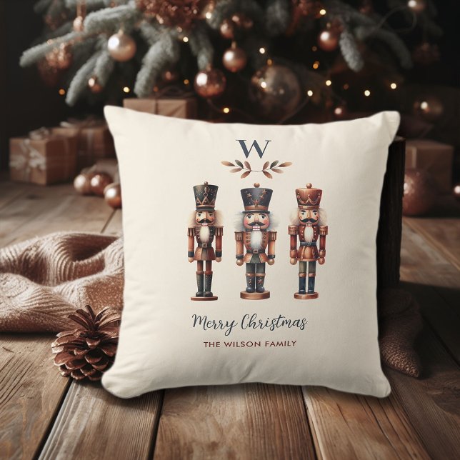 Brown Christmas Copper Nutcrackers Merry Monogram Cushion (brown christmas decor throw pillow copper beige nutcrackers monogram neutral earthy tones elegant)