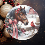 Brown Christmas Horse and Cardinal  Classic Round Sticker<br><div class="desc">Farming themed Christmas stickers with a pretty brown horse with a red bow and a pretty red cardinal on the fence with a rustic barn in the background of a snowy winter day watercolor ai art.</div>