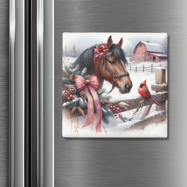 Brown Christmas Horse and Cardinal  Magnet (Creator Uploaded)
