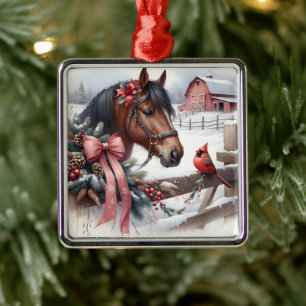 Brown Christmas Horse and Cardinal  Metal Tree Decoration