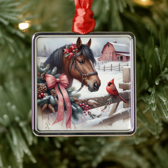 Brown Christmas Horse and Cardinal  Metal Tree Decoration (Tree)