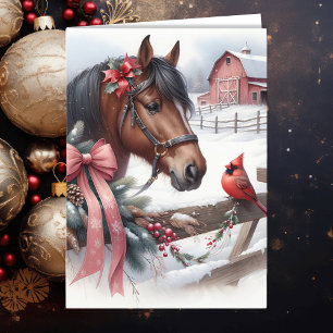 Brown Christmas Horse and Cardinal Personalised Holiday Card