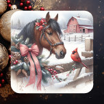Brown Christmas Horse and Cardinal  Square Sticker<br><div class="desc">Farming themed Christmas stickers with a pretty brown horse with a red bow and a pretty red cardinal on the fence with a rustic barn in the background of a snowy winter day watercolor ai art.</div>