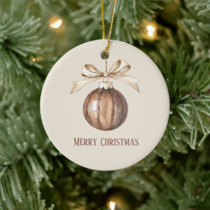Brown Christmas Ornament Cream Bow Pine Cone Snow