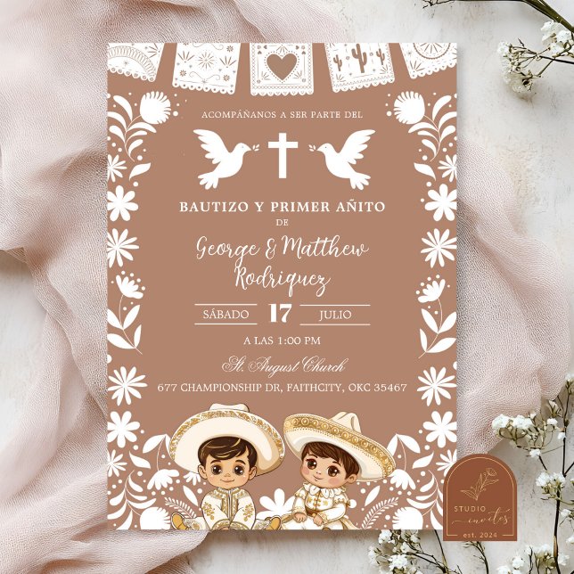 Brown Cielito Lindo Boy Twins Baptism and Birthday Invitation (Creator Uploaded)