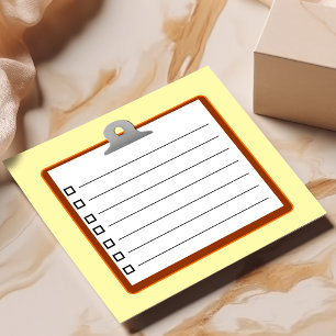 Brown clipboard white paper checklist 3" x 3" post-it notes