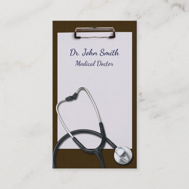 Brown Clipboard with Medical Stethoscope Business Card (Front)