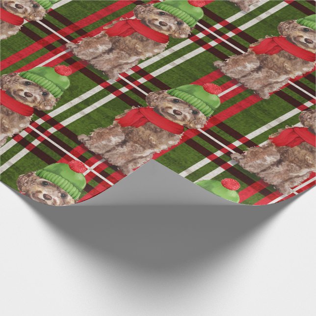 Brown Cockapoo and Plaid Christmas Holiday Wrapping Paper (Corner)