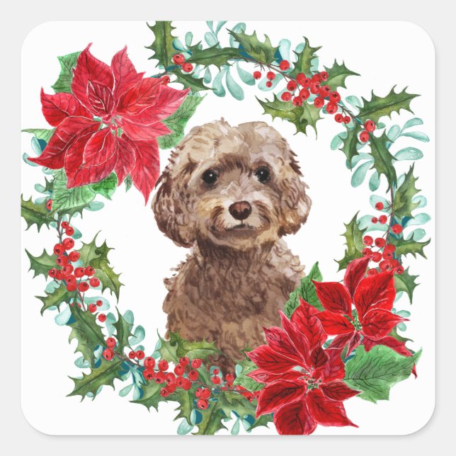 Brown Cockapoo Dog Poinsettia Christmas Wreath Square Sticker (Front)