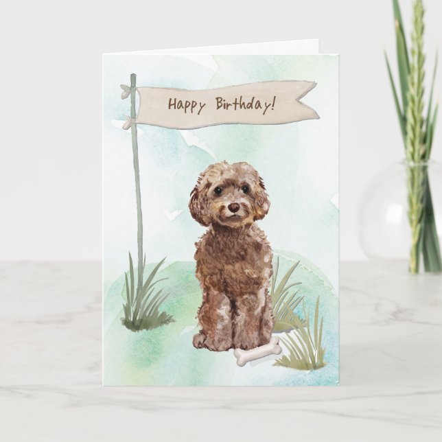 Brown Cockapoo Dog Under Birthday Sign Card (Front)