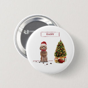 Brown Cockapoo Funny Christmas Dog and Tree 6 Cm Round Badge