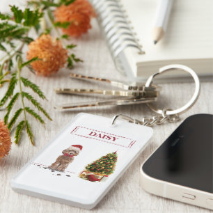 Brown Cockapoo Funny Christmas Dog and Tree Key Ring